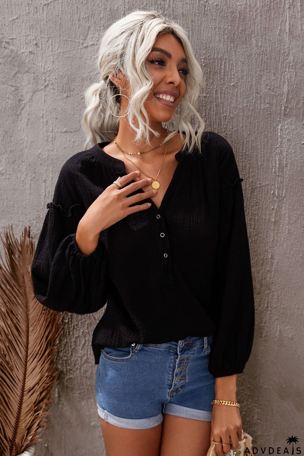 Casual Balloon Sleeve Crinkled Top