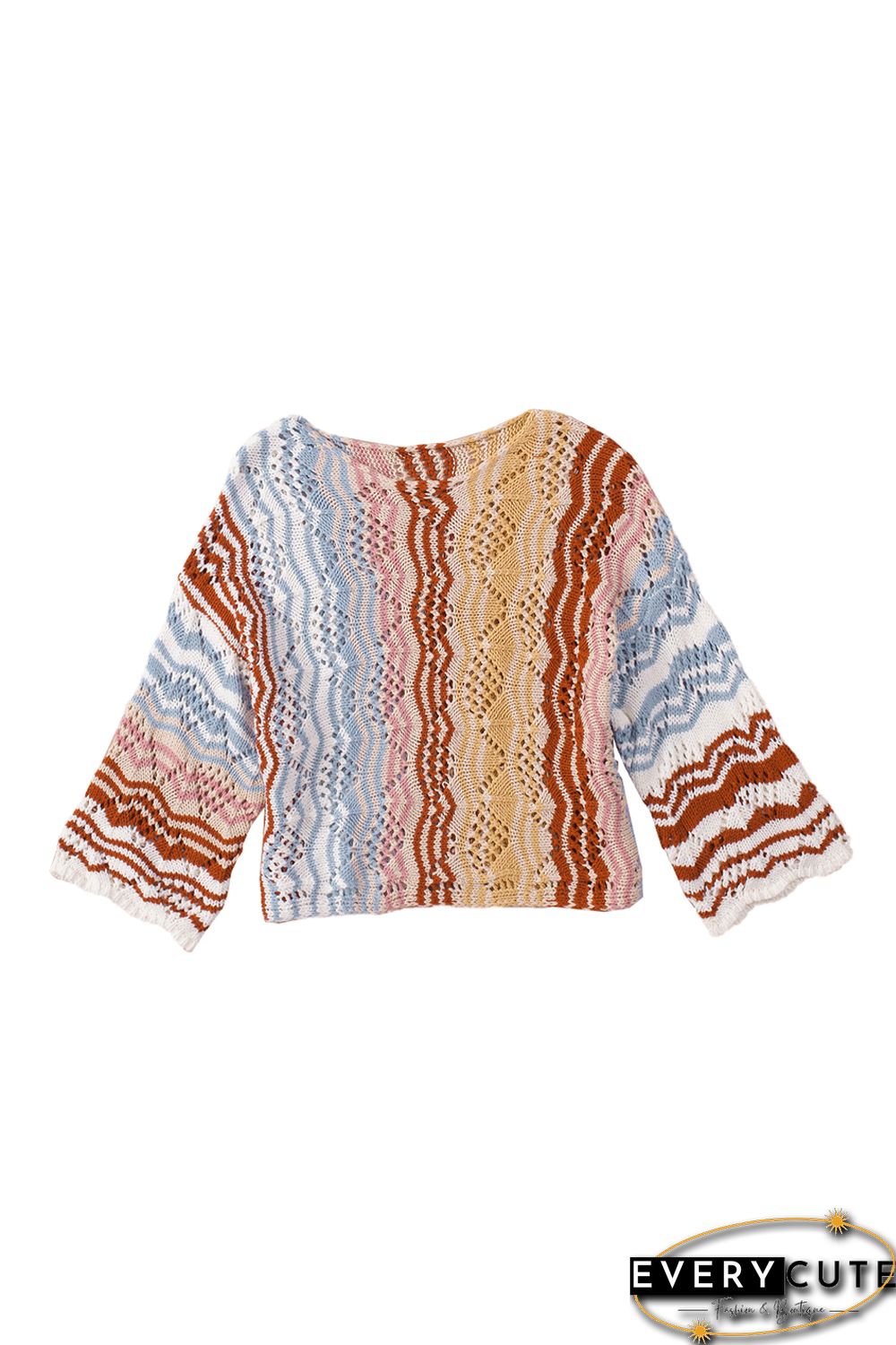Multicolor Stripe Knit Hollow Out Drop Shoulder Sweater
