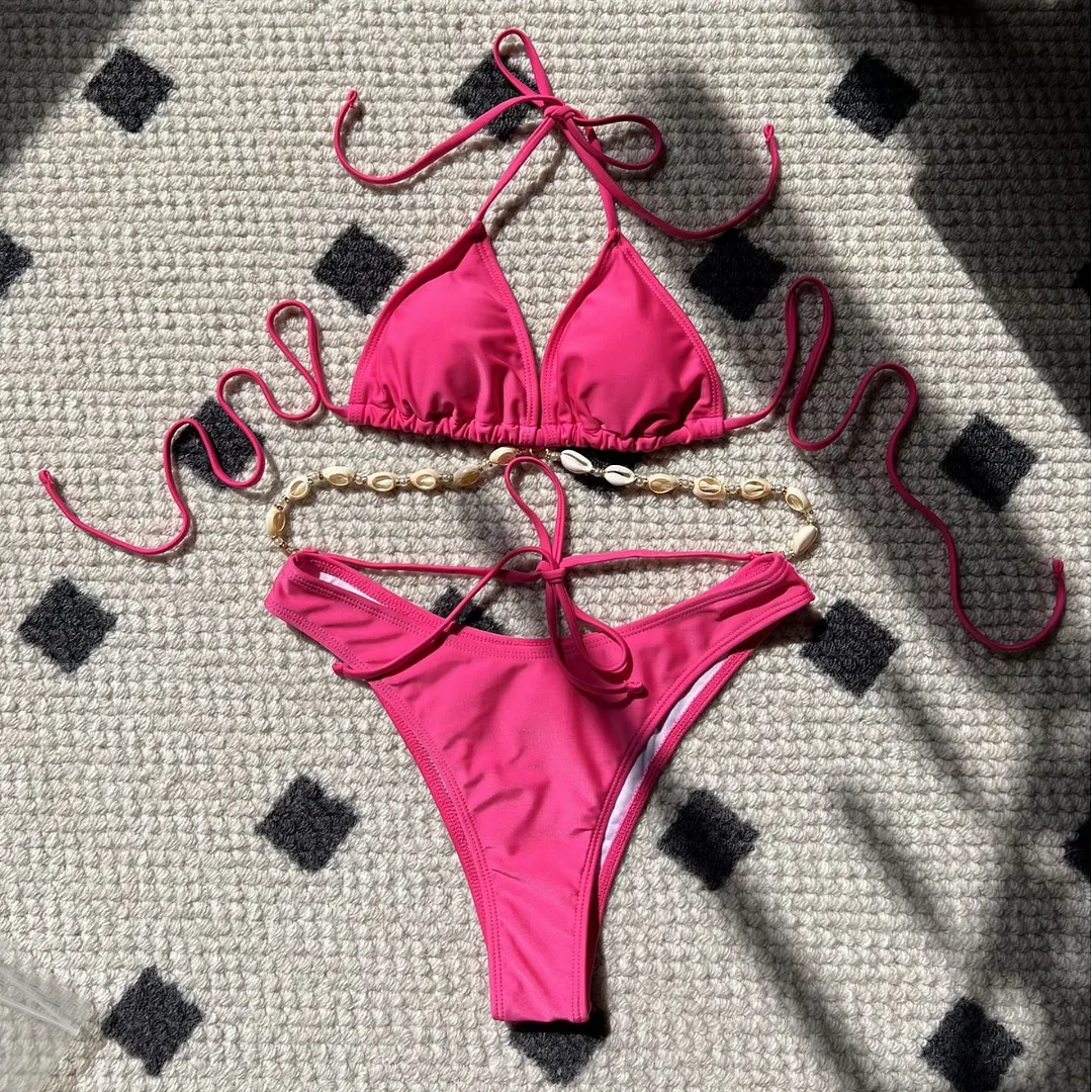 Uveng 2024 Plain Color New Sexy Shell Chain Swimsuit Bikini Bikini