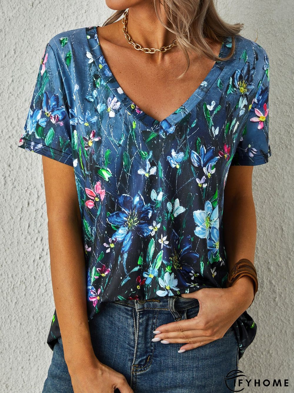 Floral Short Sleeve V Neck Casual T-Shirt | IFYHOME