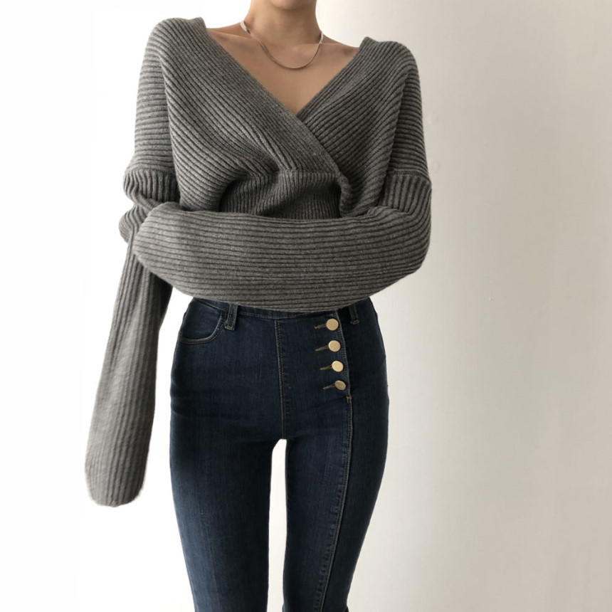 Sexy V-neck Fall Loose Knit Women's Sweater Long sleeve Elegant High-grade Pullover Slouchy Soft Sweaters