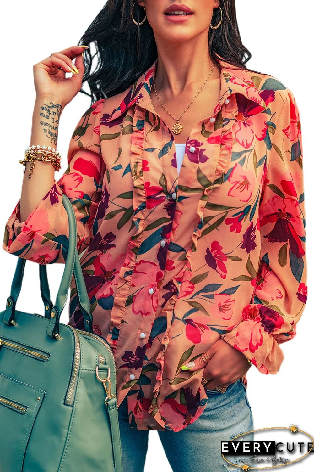 Red Floral Print Ruffled Long Sleeve Shirt