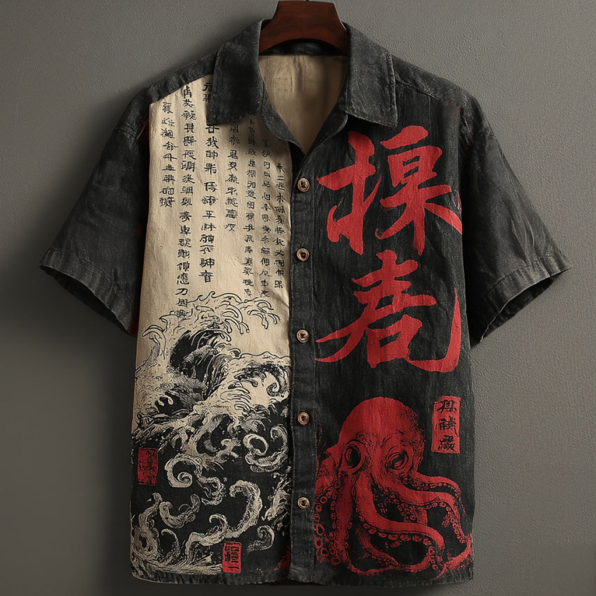 Comstylish Men's Retro Octopus And Calligraphy Art Print Short-sleeve Shirt