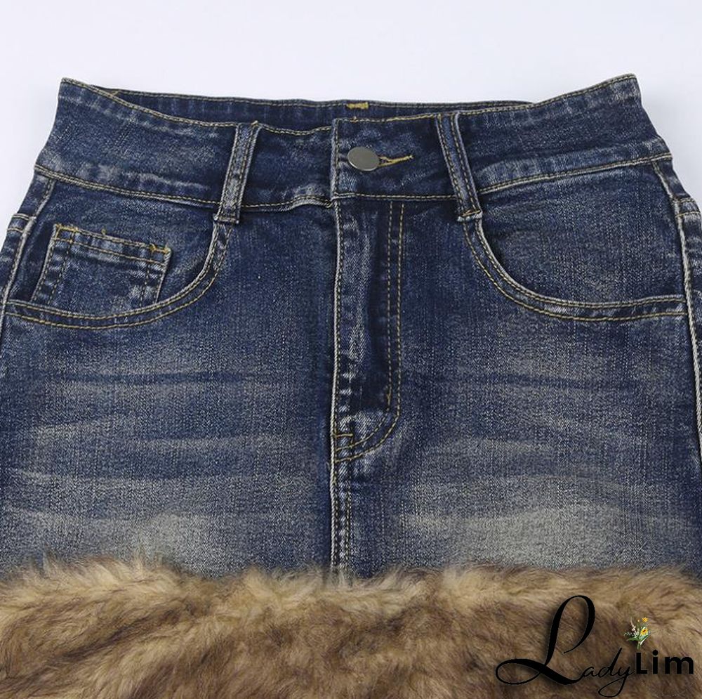 Fluffy Edge Wash Denim Retro Blue Stretch Skirt Female Style Bodycon Mini Skirt
