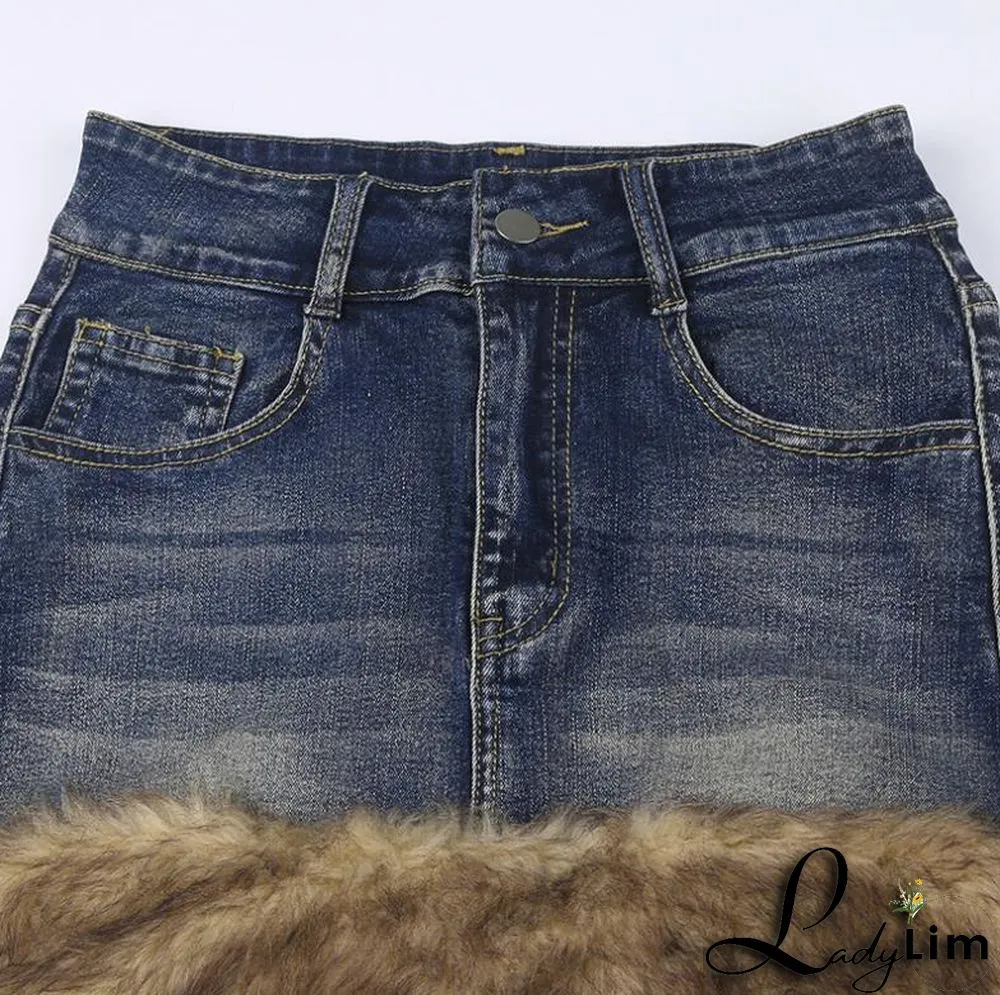 Fluffy Edge Wash Denim Retro Blue Stretch Skirt Female Style Bodycon Mini Skirt