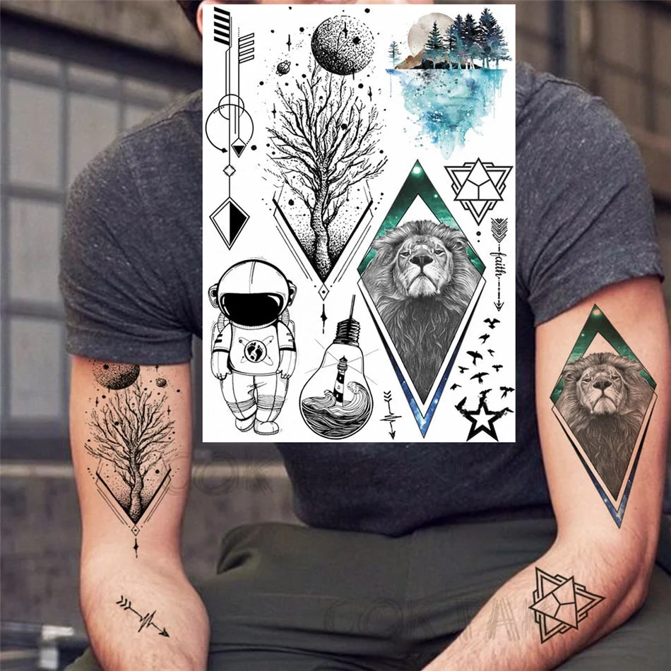 Realistic Fake Black Animal Temporary Tattoos Sticker For Men Women Geometric Wolf Outer Space Tatoo Temporary Decal For Kids
