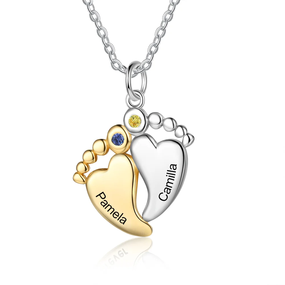 Personalized Baby Feet Necklace with 2 Birthstones Gifts for Mother