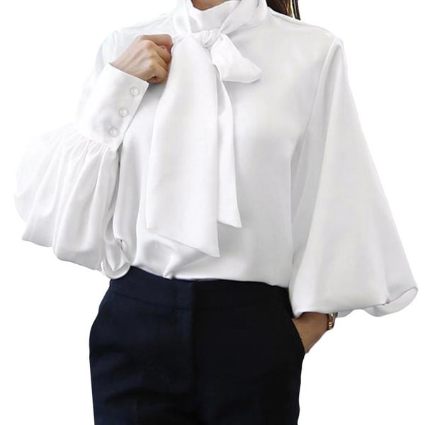 Women Lantern Long Sleeve Blouse High Collar Bow Casual Loose Elegant Office Shirt Plus Size Tops Blusas - Shop Trendy Women's Fashion | TeeYours
