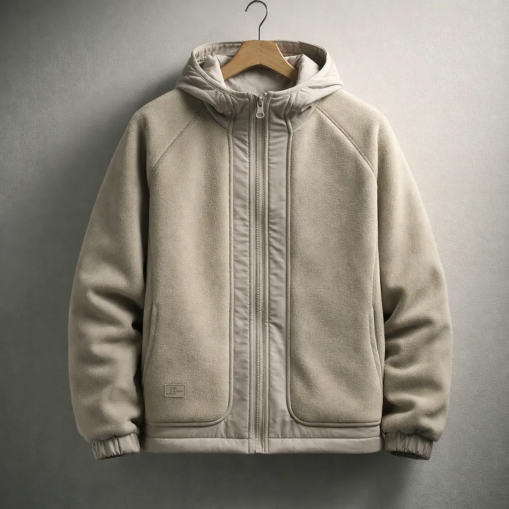 Men's Hooded Fleece Jacket &ndash; Two-Panel Layering Jacket with Pockets &ndash; Cream