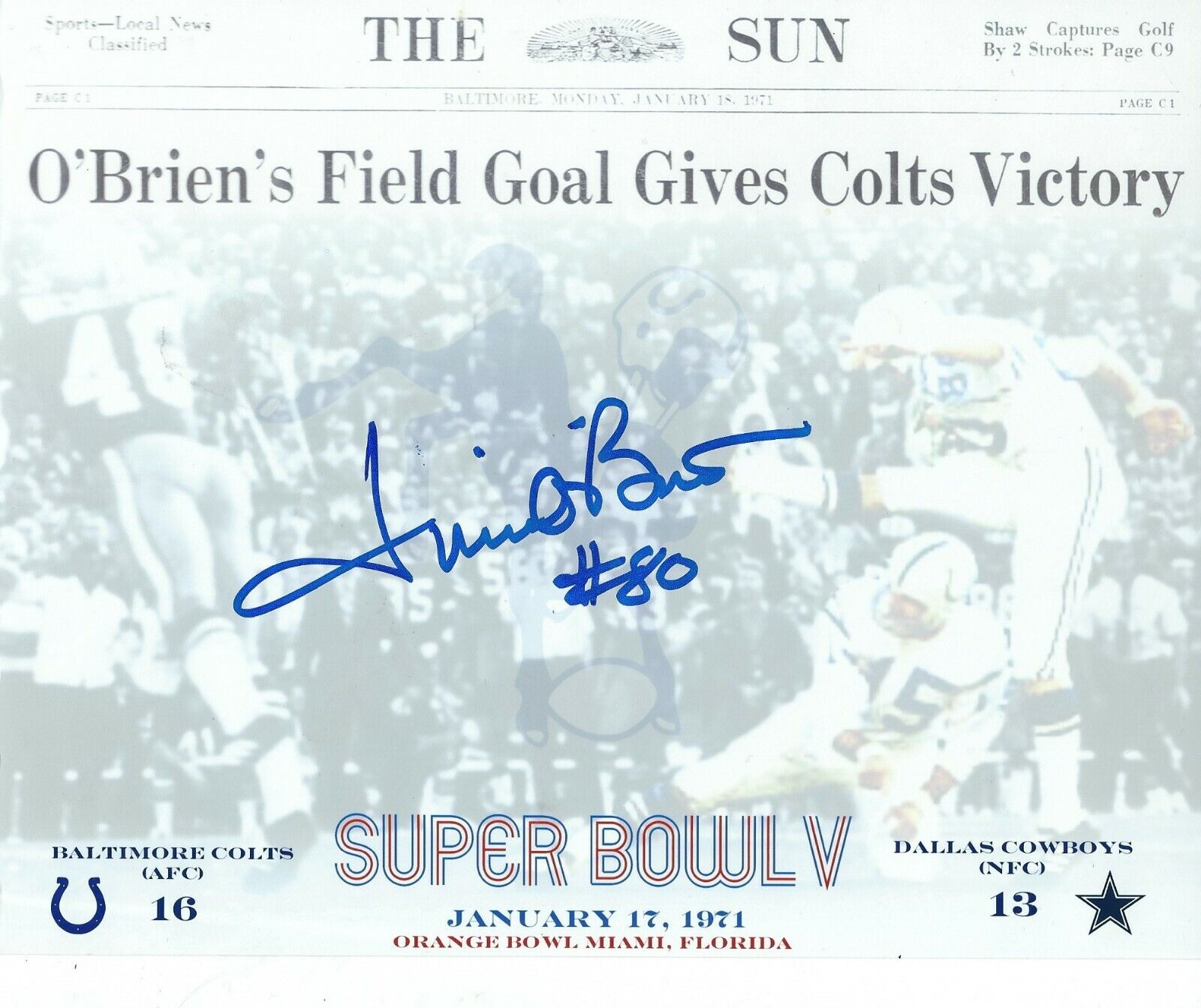 Signed 8x10 JIM O'BRIEN Baltimore Colts Autographed Photo Poster painting - w/COA