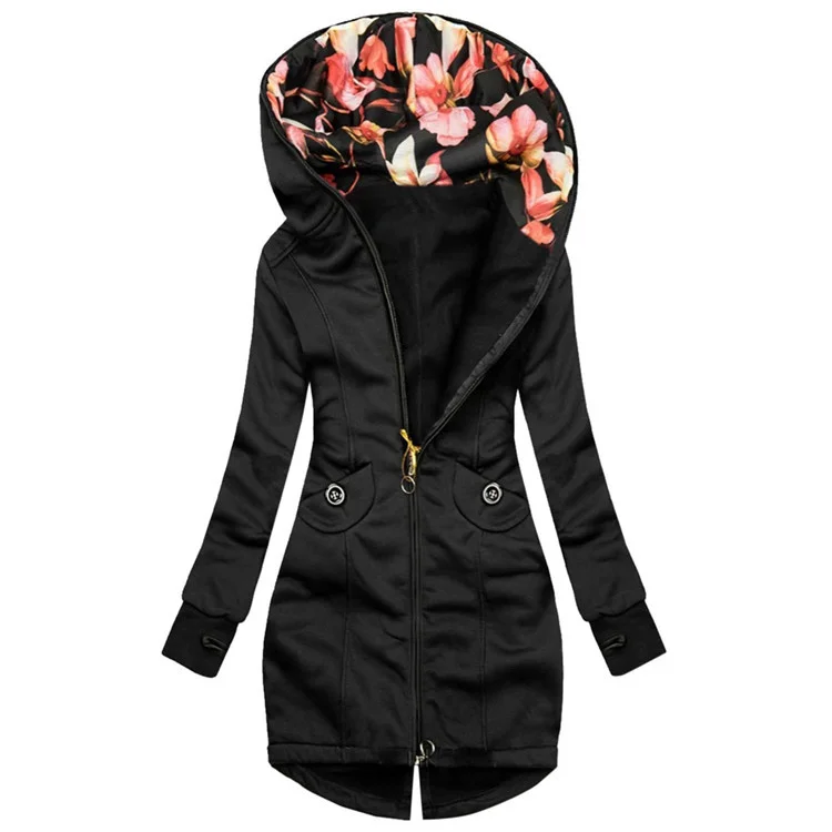 Casual Mid-length Solid Color All-match Zipper Hooded Jacket
