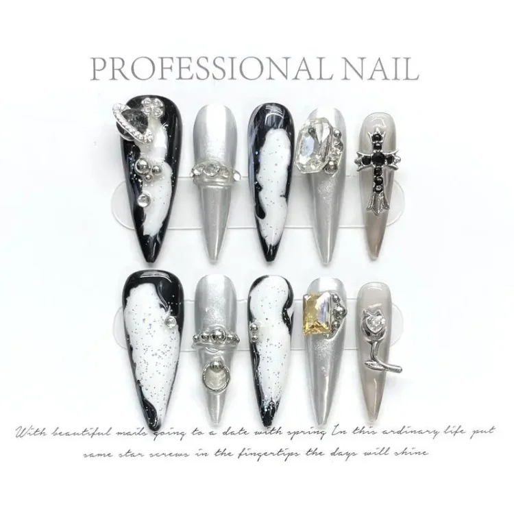 Silver Glitter Hot Girl Manicure Long Pointed Handmade Wearing Nails