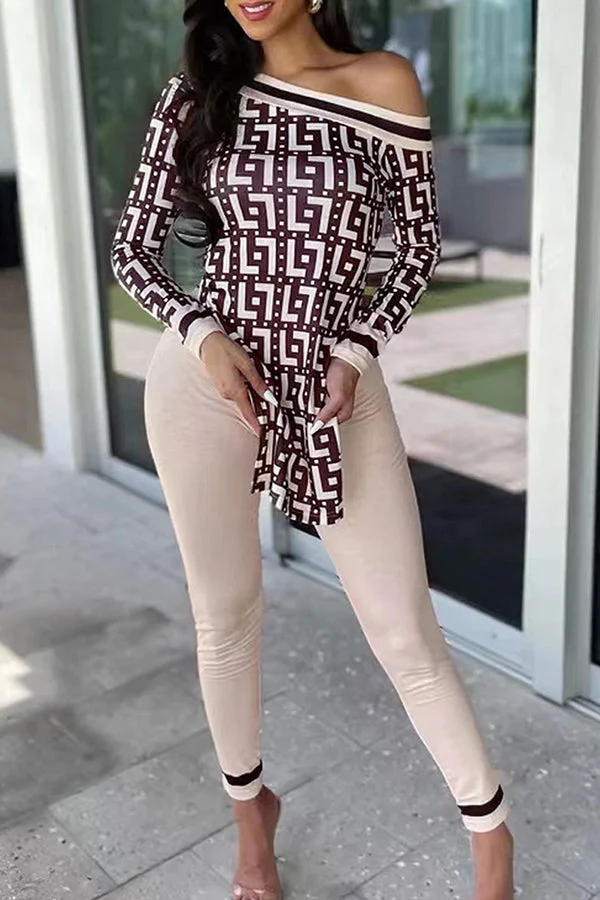 Casual Off-Shoulder Printed Long Sleeve T-Shirt