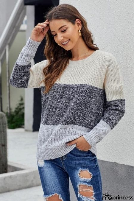 Gray Color Block Netted Texture Pullover Sweater