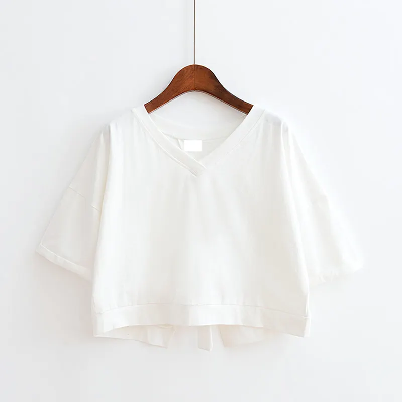 Brownm Brownm Summer Pure Color Back Splicing Fork V-Neck Loose Short Jacket Female Student Strap Short Sleeve T-Shirt Women's Wear