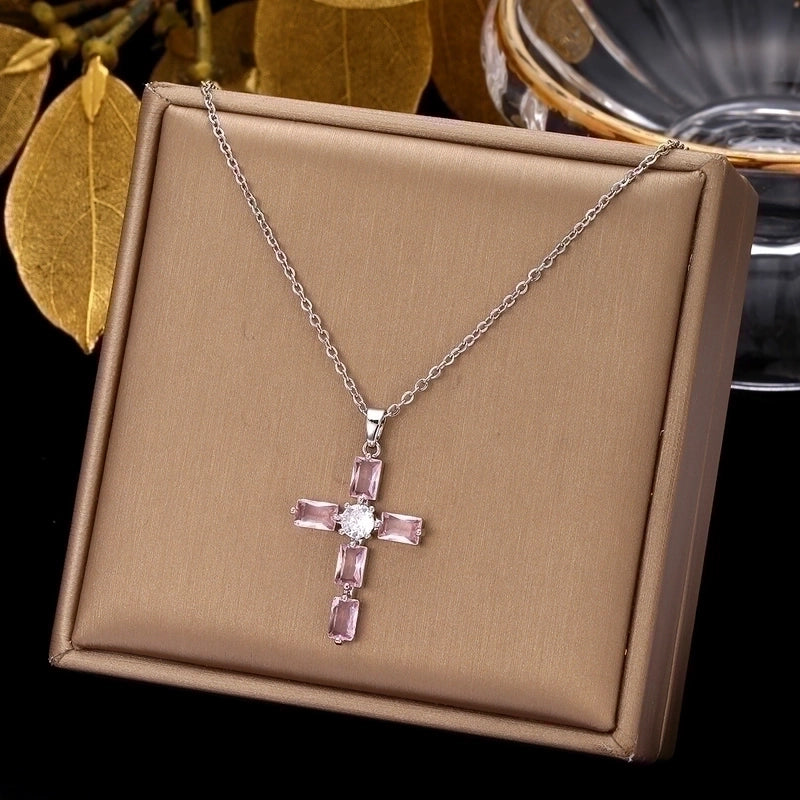 2 Pieces Ethnic Style Cross Stainless Steel Inlay Zircon Pendant Necklace