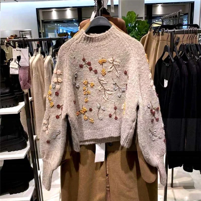 Winter Women Sweater Vintage Long Sleeve Pullover Chic Flowers Beaded Harajuku Knitted Sweateres Jumpers Top Femme