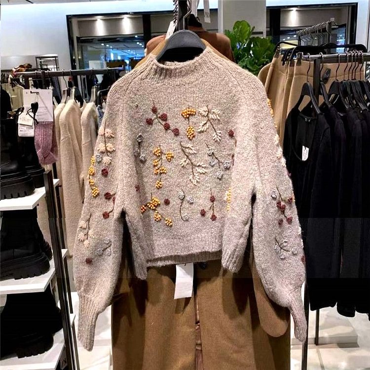 Winter Women Sweater Vintage Long Sleeve Pullover Chic Flowers Beaded Harajuku Knitted Sweateres Jumpers Top Femme - BlackFridayBuys