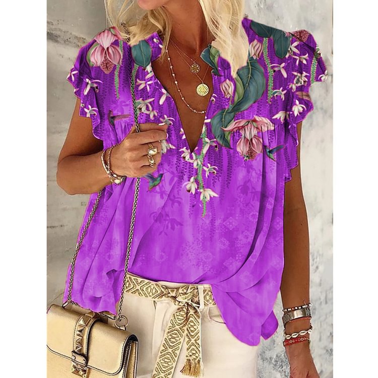 Women's T-shirt V-neck Printed Short-sleeved Loose Fashion Plus Size Summer