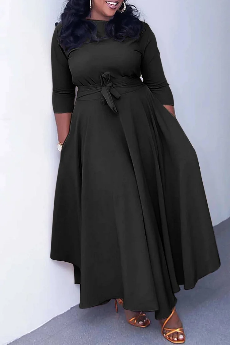 Xpluswear Plus Size Black Casual Round Neck With Pocket Wrap Maxi Dress 