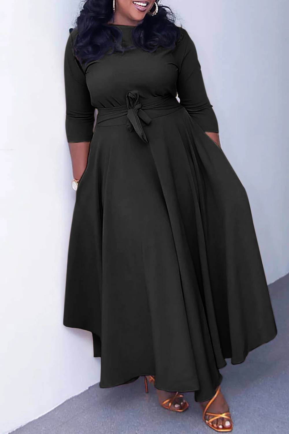 Plus Size Black Casual Round Neck With Pocket Wrap Maxi Dress