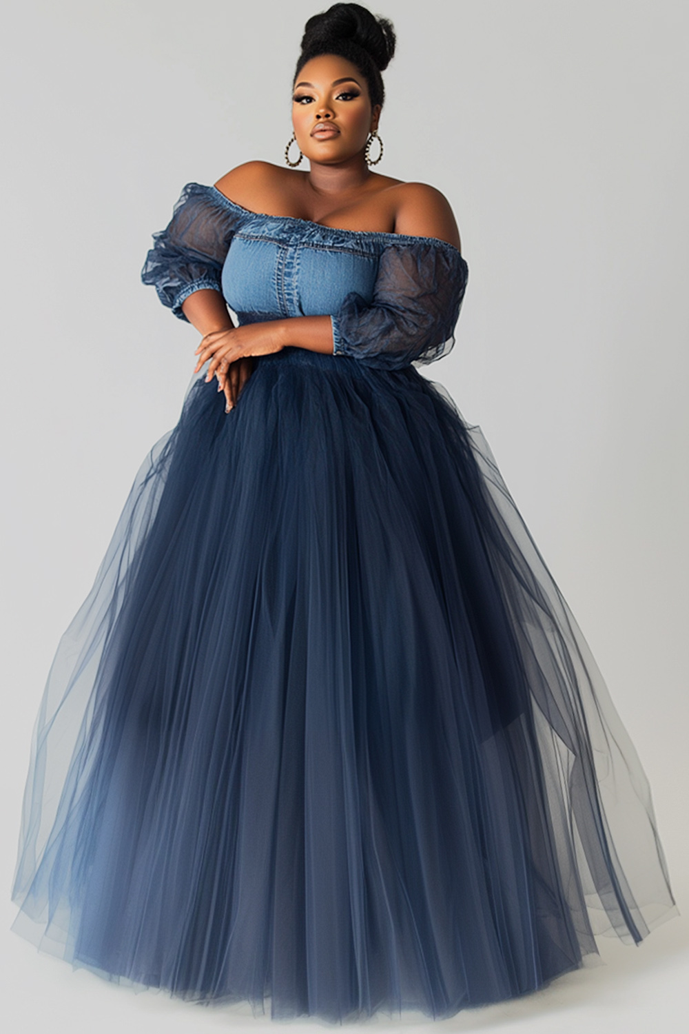Xpluswear Design Plus Size Formal Blue Off The Shoulder Lantern Sleeve ...