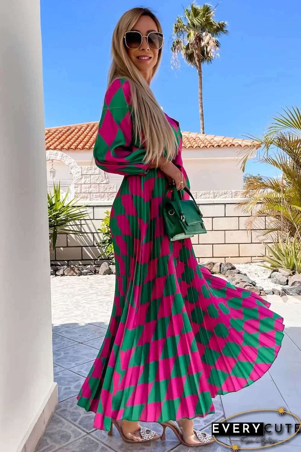 Multicolor Rhombus Contrast Color Block Belted Maxi Dress