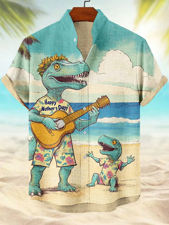 Men's Dinosaurs Play Guitar On Hawaii Beach To Celebrate Mother's Day Print Casual Shirt