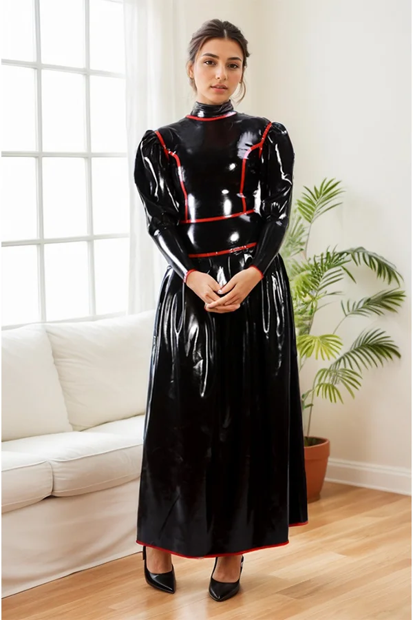 Women Latex Dress Black Latex Victorian Puff Sleeve Gown 