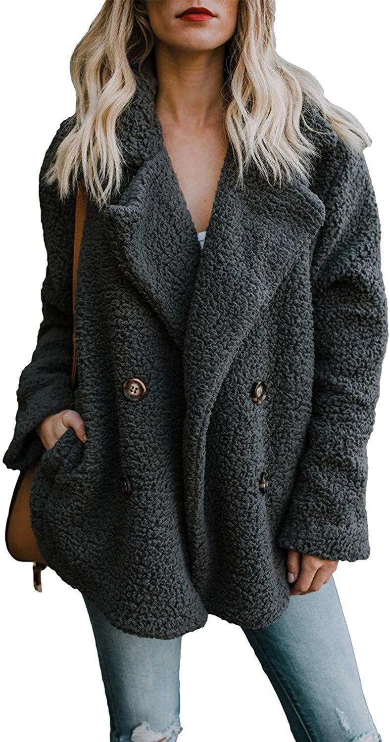 Womens Fleece Fashion Open Front Cardigan Coat Jacket with Pockets Outwear Warm Winter