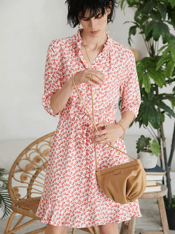 Robe en soie imprimé floral rouge manches mi-longus -Soie Plus 
