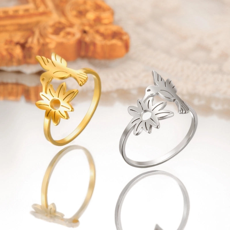 Cute Flower Bird 304 Stainless Steel 18K Gold Plated Hollow Out Rings