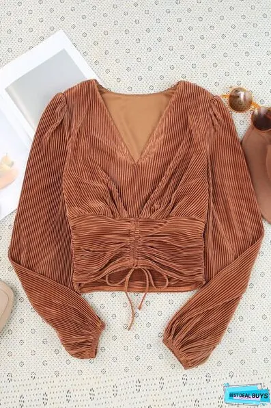 Drawstring V-Neck Balloon Sleeve Blouse