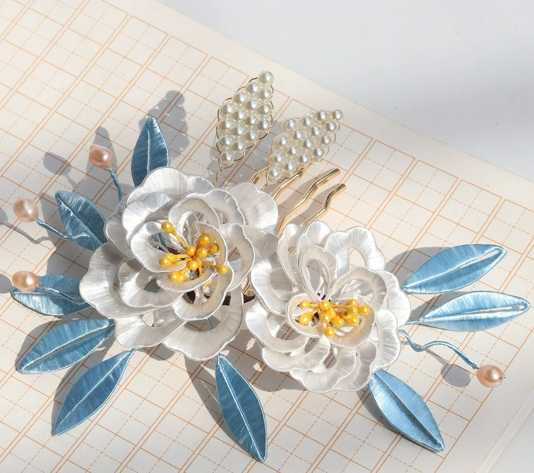 Silk Wrapped Flowers Pearl Hairpin Hanfu Headdress