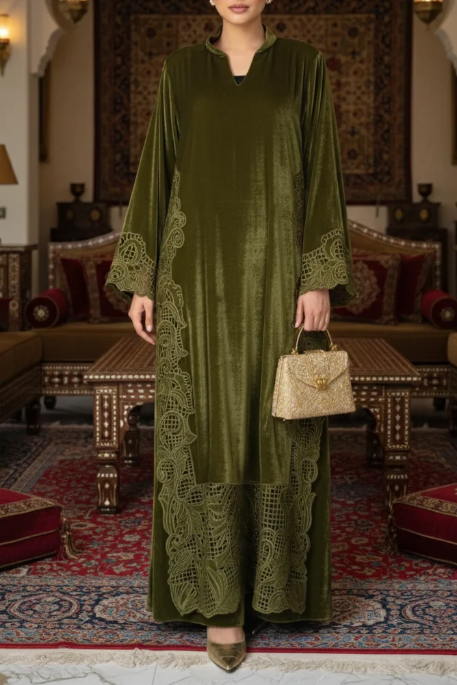 strapless open back dress Olive Green Satin Pleated Cap Cut Kaftan  shopaleena