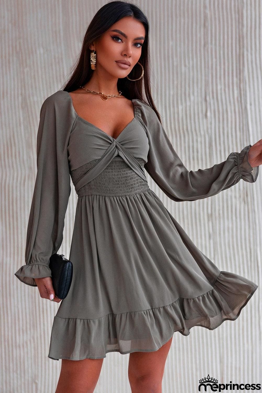 Smocked Long Flounce Sleeve Ruffle Hem Dress