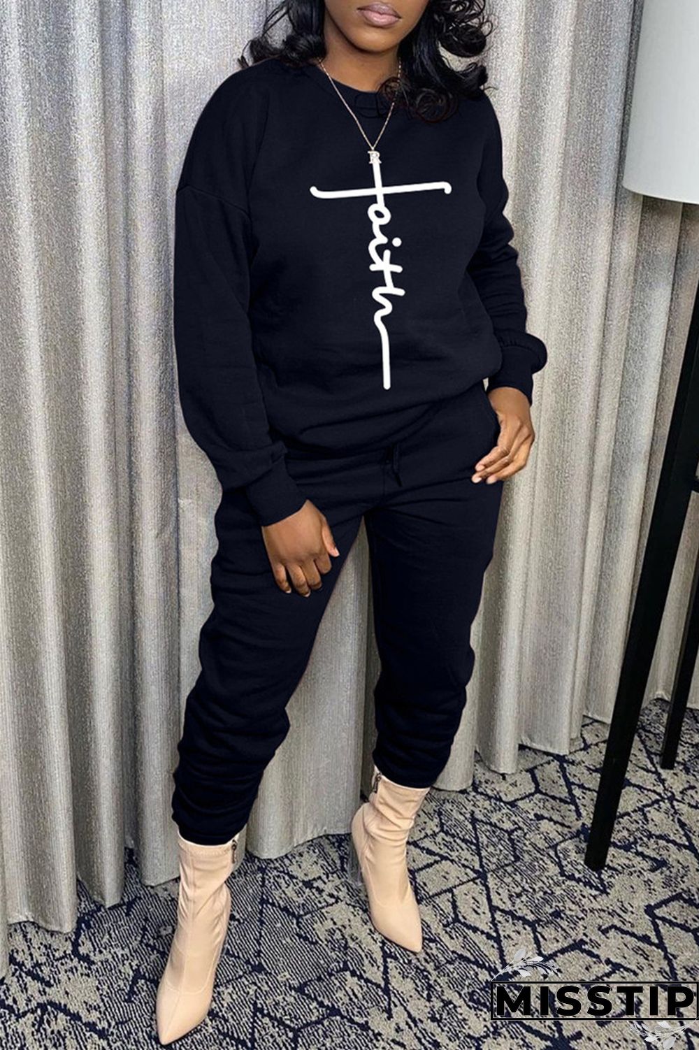 Black Fashion Casual Print Basic O Neck Long Sleeve Two Pieces