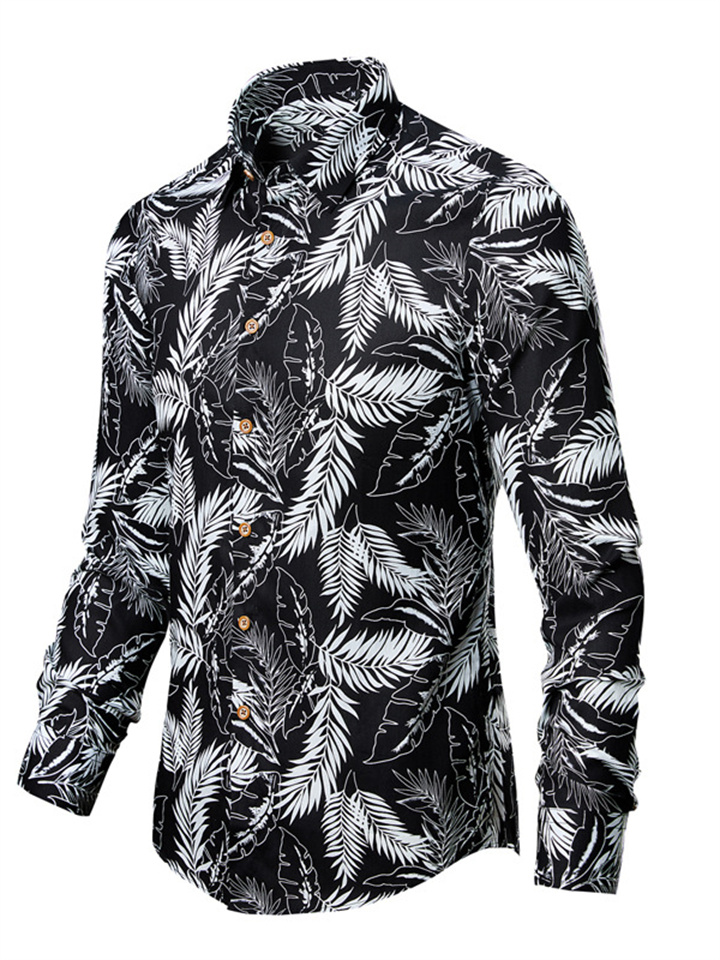 Men's Casual Flower Shirt Fashion Printing Slim Lapel Long-sleeved Shirt