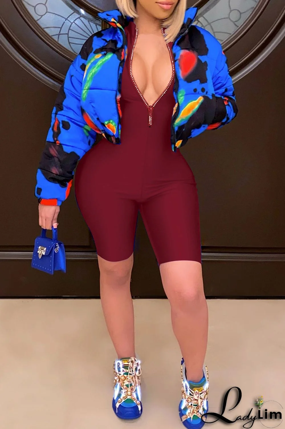 Royal Blue Fashion Casual Solid Basic Zipper Collar Skinny Romper