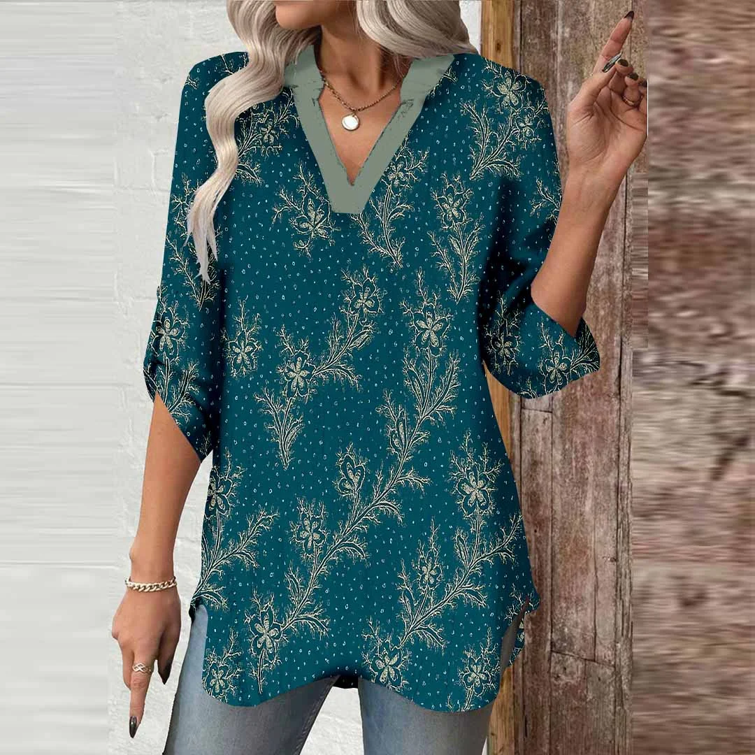 Women Leaf, Green DZGA0501 3/4 Sleeve V-neck Printed Graphic Button Tops