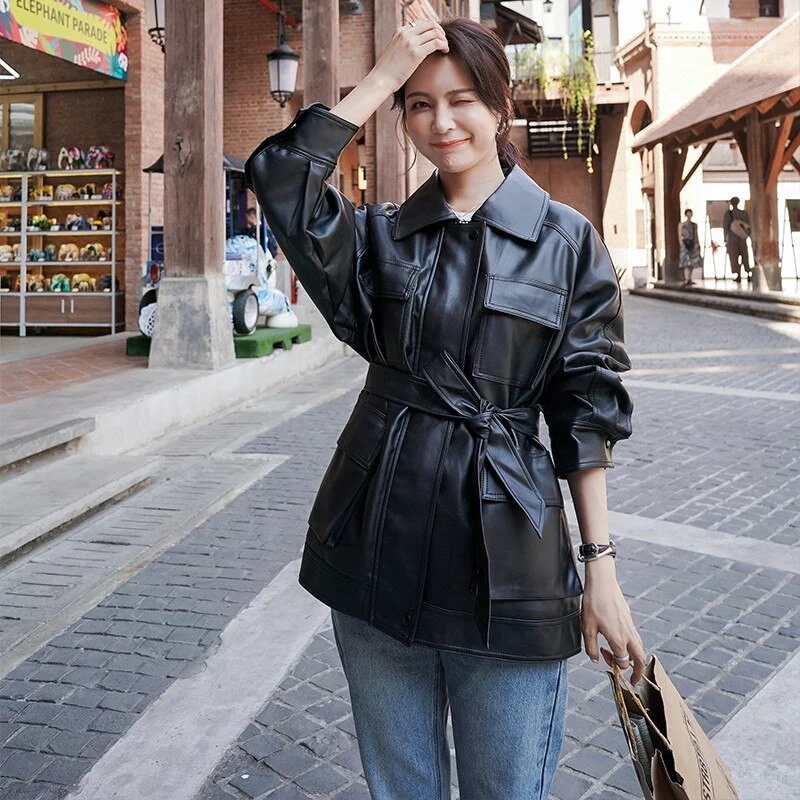 FTLZZ New Autumn Women Loose Black Pu Faux Soft Leather Jacket Streetwear Female Biker Pockets Turn Down Collar Coat Outwear