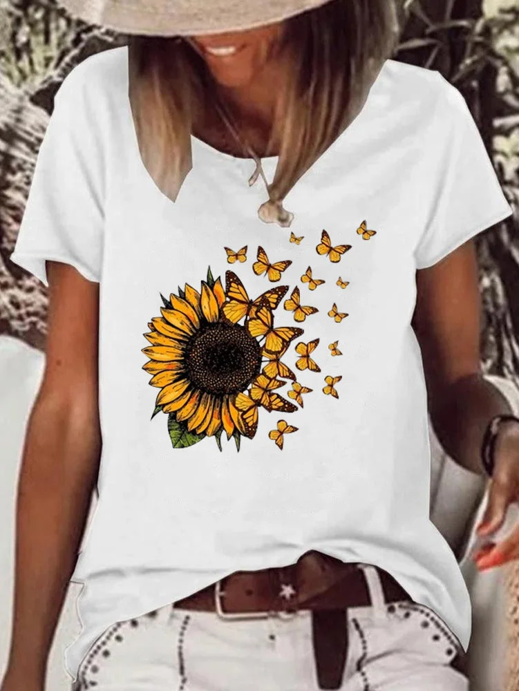 Women plus size clothing Short Sleeve Loose Sunflower Letter Printed T-shirt-Nordswear