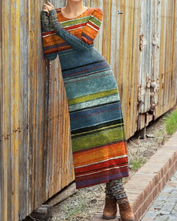 Retro Striped Art Print Crew Neck Dress