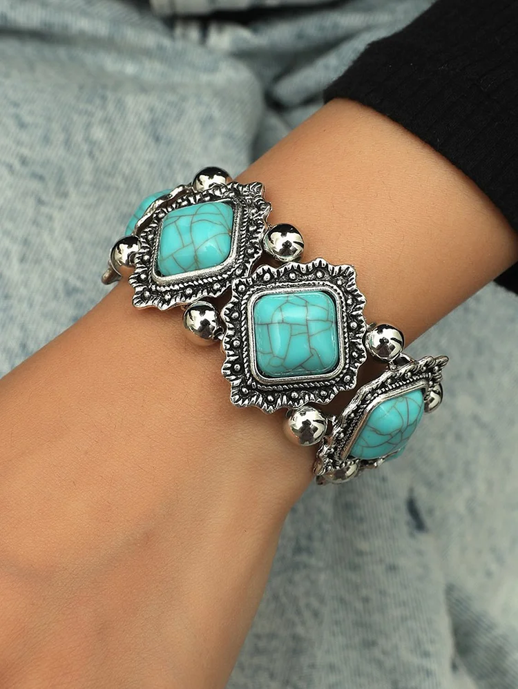 Bohemian Turquoise Inlay Detail Alloy Elastic Beaded Bracelet