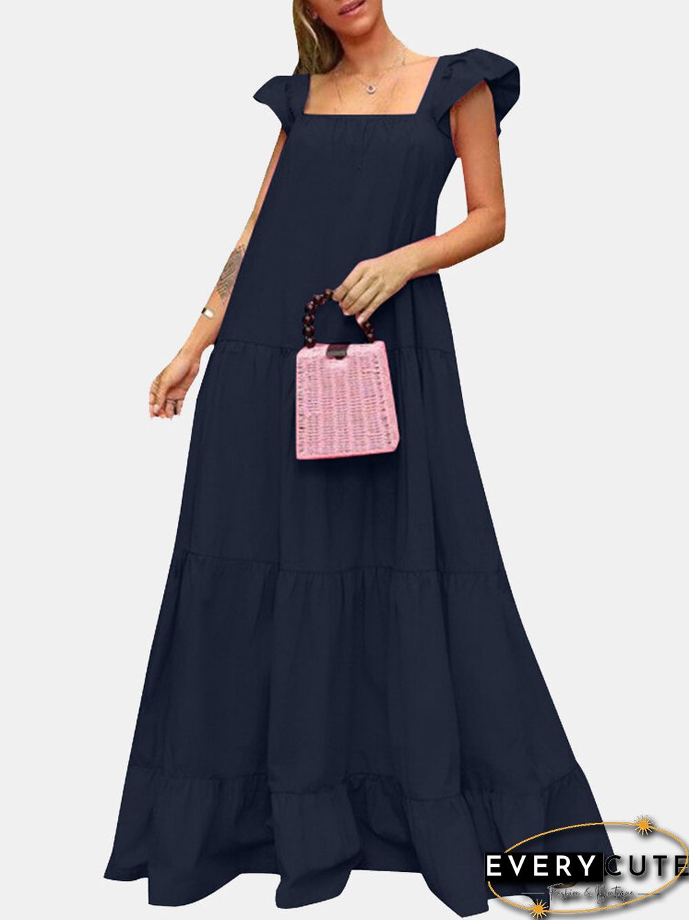 Solid Ruffle Backless Square Collar Casual Maxi Dress