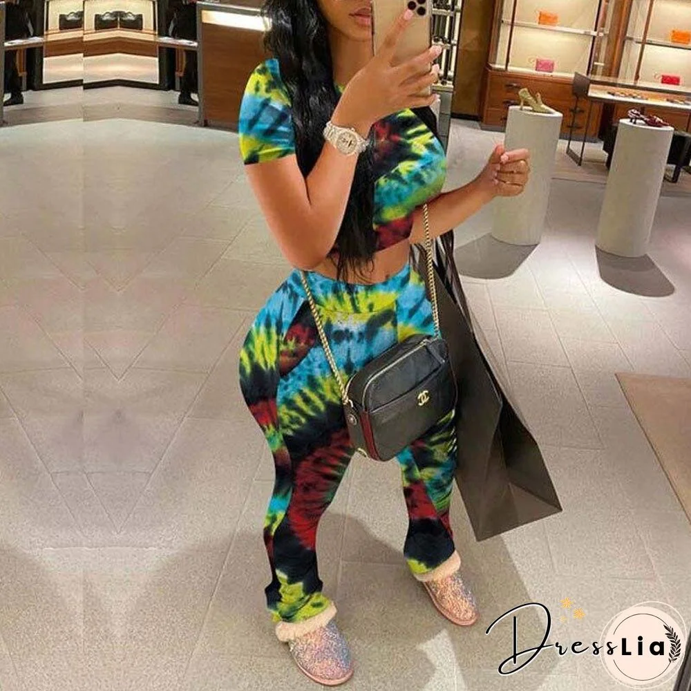 Tie Dye Tracksuit Women Two Piece Set Summer Stacked Pants Tie Dye Set Stacked Leggings Sexy Summer Outfits For Women