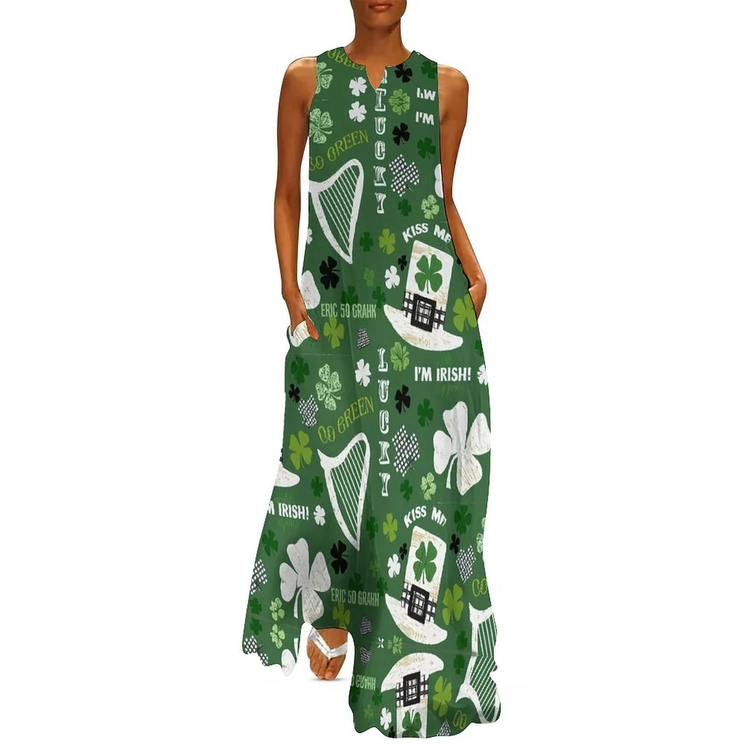 Style & Comfort for Mature Women Plus Size Printed Sleeveless Casual Women Maxi Dress with Pockets in Pattern St. Patrick's Day, Green, Clover, Lucky