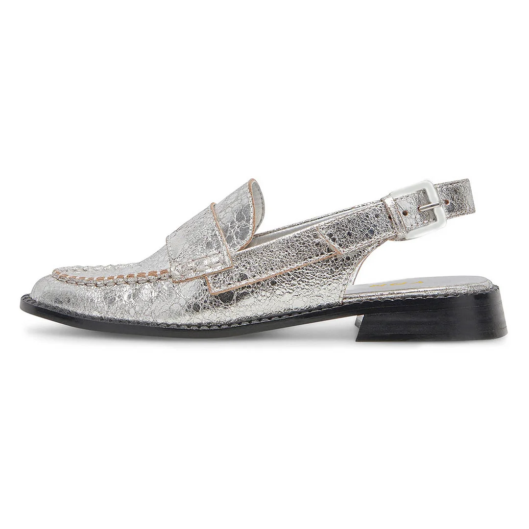Round Toe Distressed Vegan Leather Flat Slingback Loafers in Silver