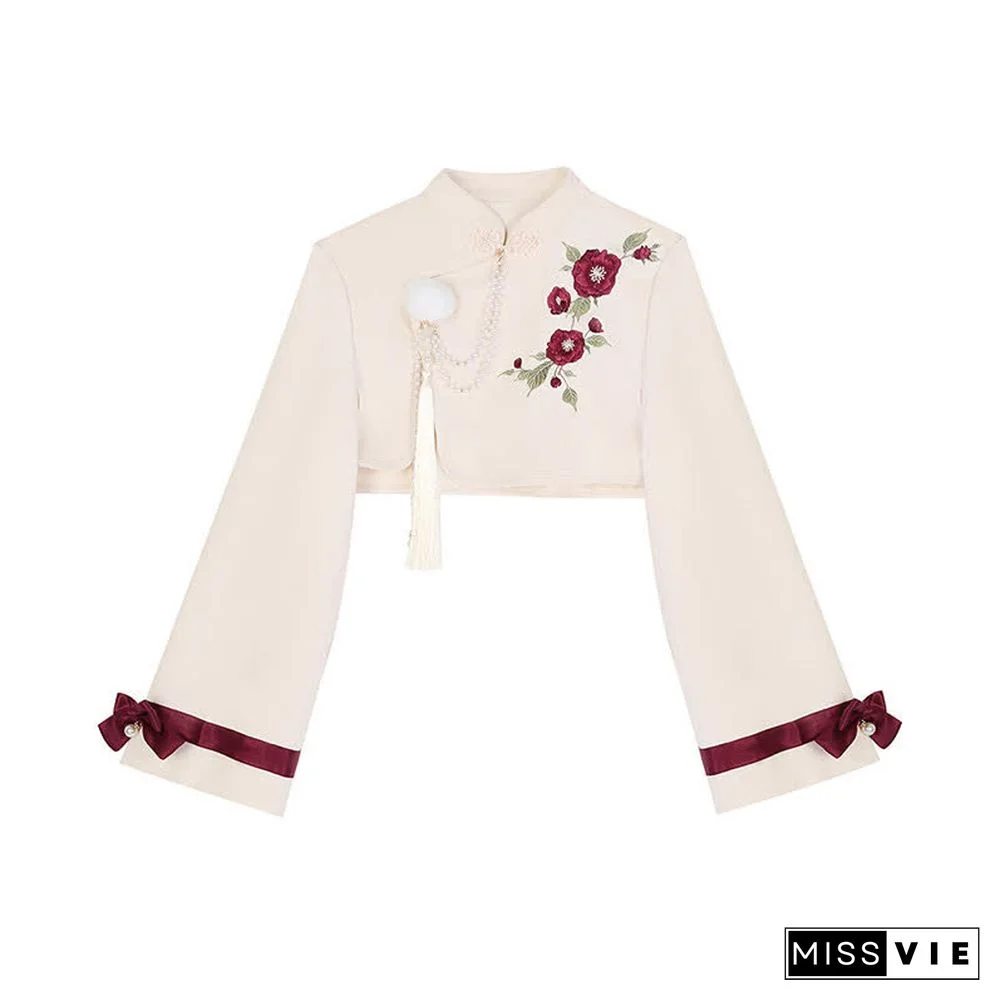 Vintage Blossom Embroidery Pearl Chain Top Slip Dress