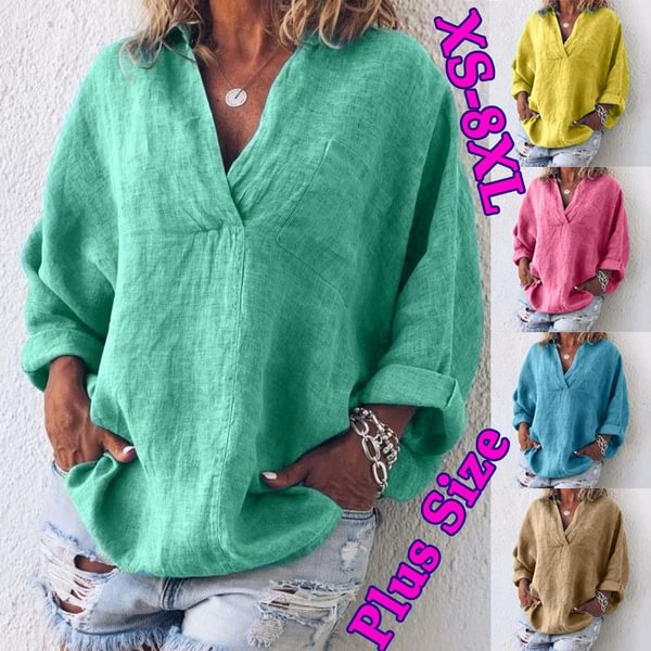 Plus Size Fashion Womens Summer Loose Tops Casual Solid Color Long Sleeve Linen T-shirts Deep V-neck Beach Wear Cover-up Blouses - Shop Trendy Women's Fashion | TeeYours